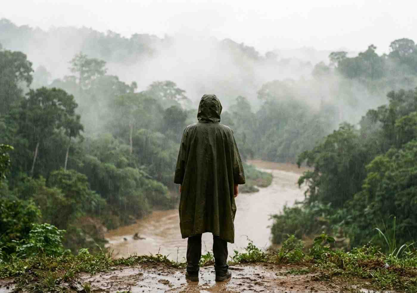 Viajero con poncho de lluvia mirando el río Vilcanota crecido bajo la lluvia, equipo esencial para la mejor época Inca Jungle Backpacker
