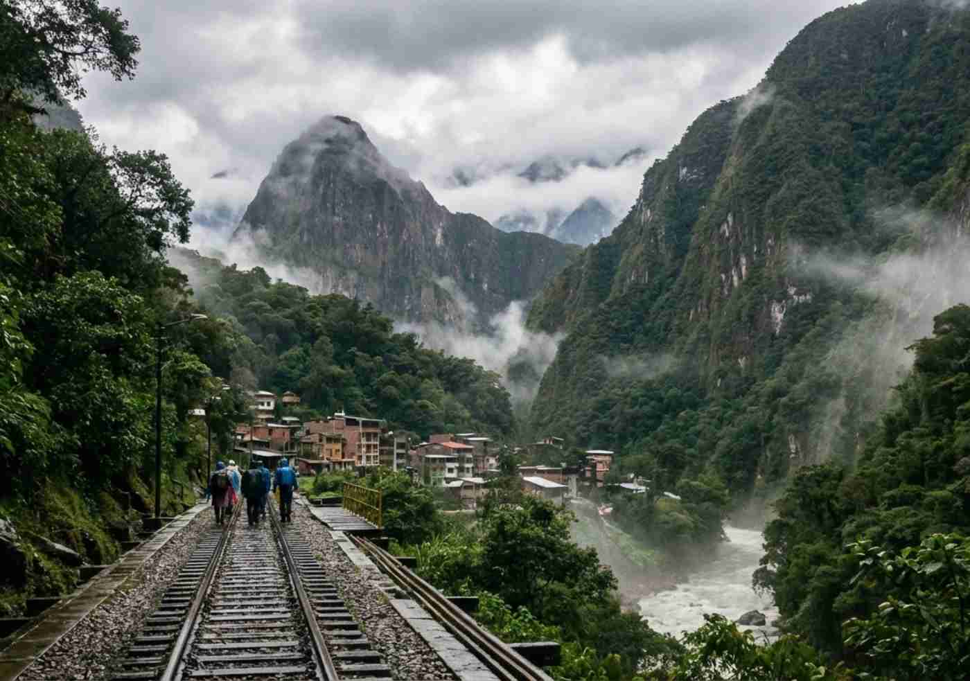 Vista de la vía férrea que lleva a Aguas Calientes flanqueada por la densa vegetación de la selva y montañas abruptas bajo un cielo nublado.