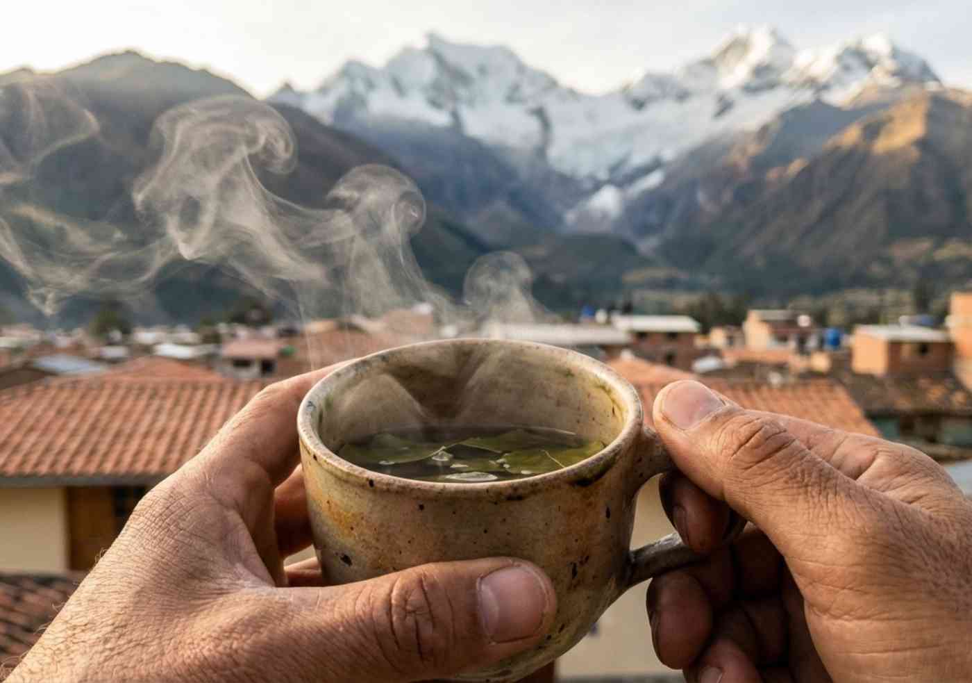 Perspectiva en primera persona de una mano sosteniendo una taza de mate de coca caliente con montañas de fondo.