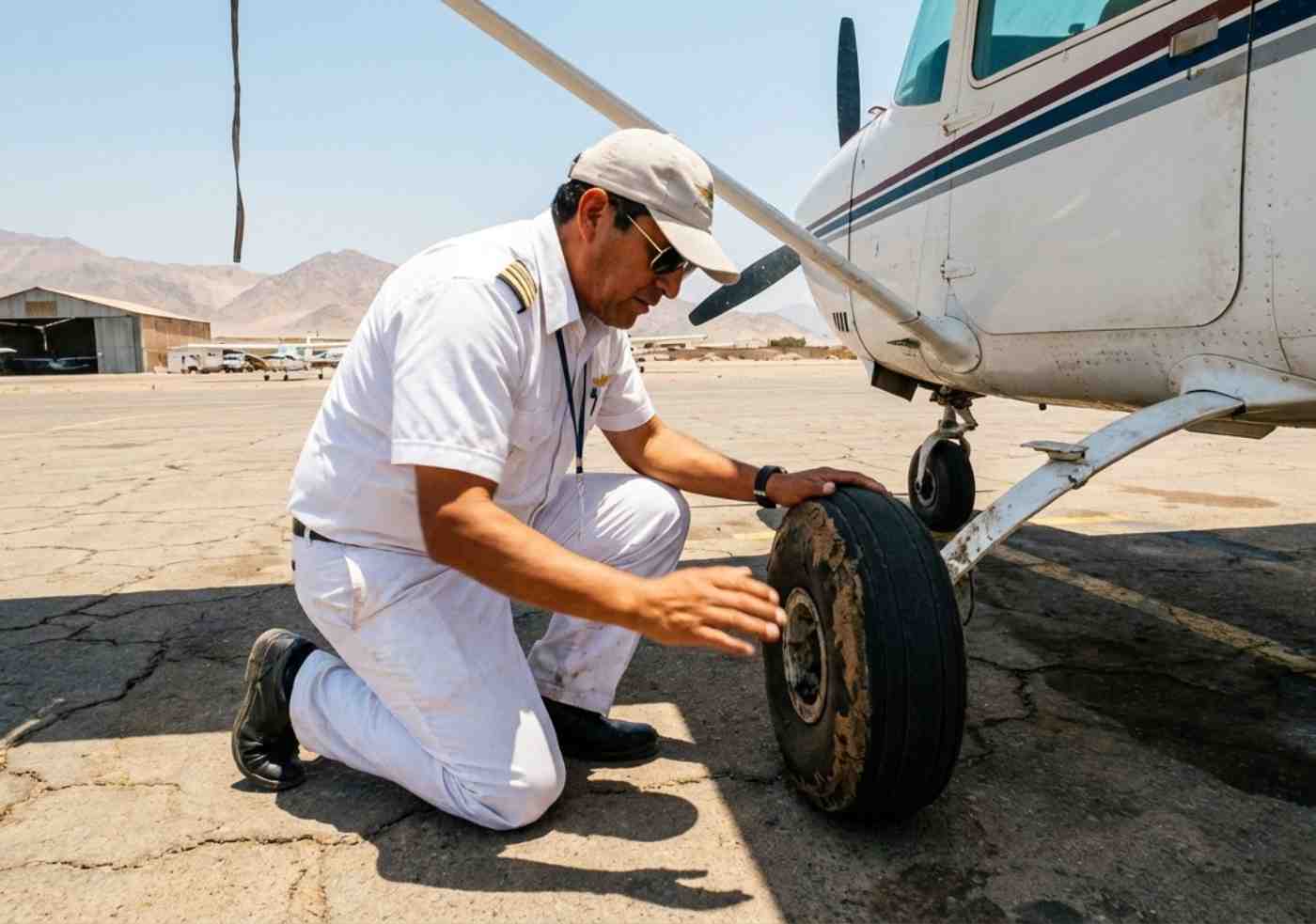 Piloto peruano con uniforme revisando una avioneta en la pista del aeródromo de Pisco bajo un sol intenso.