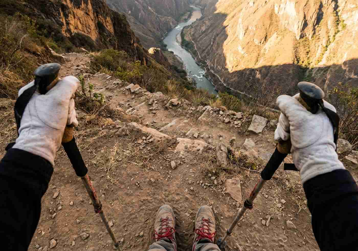 Vista en primera persona (POV) mirando hacia abajo, viendo manos sujetando bastones de trekking en un sendero de bajada muy inclinado hacia el río.