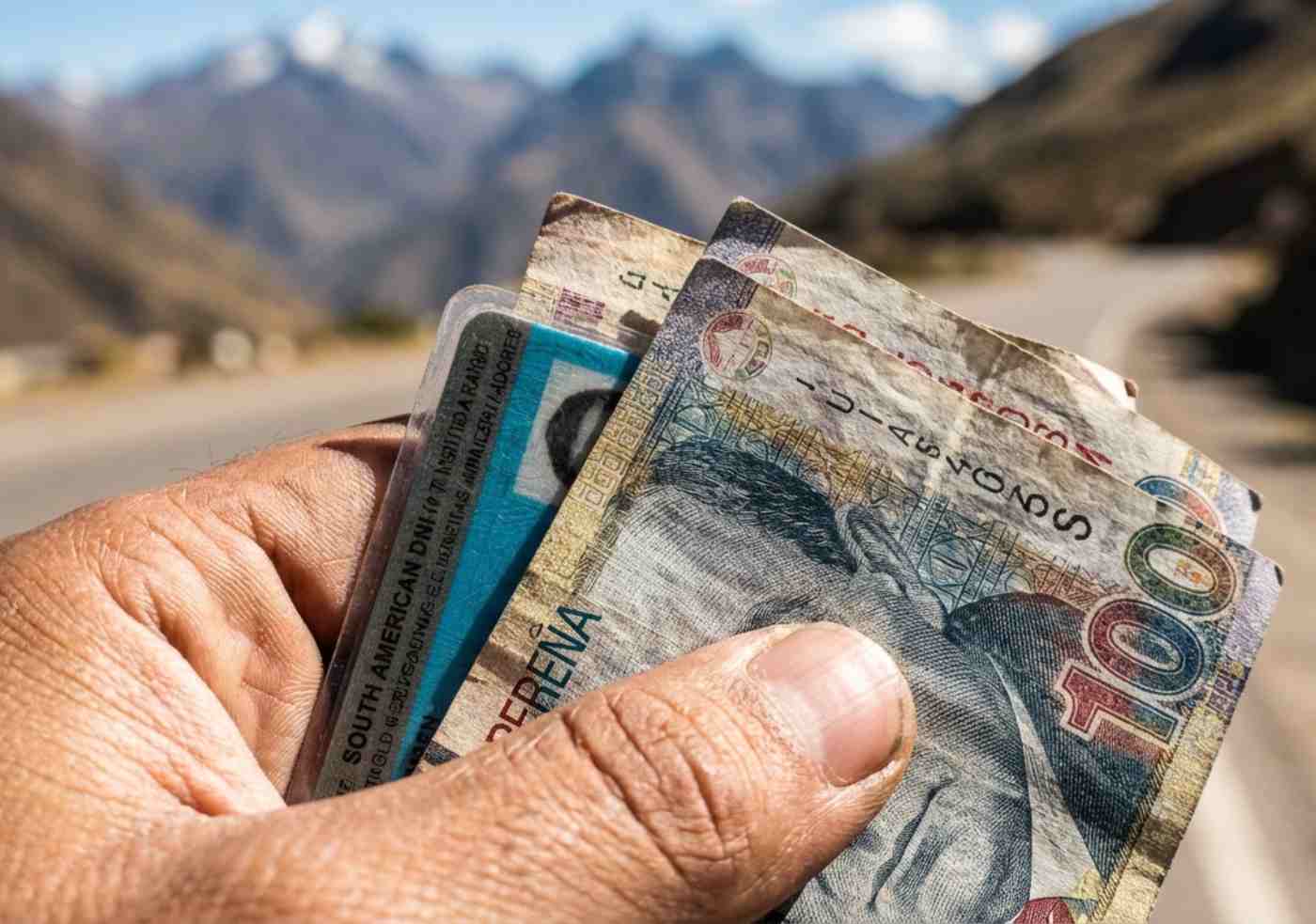 Mano sosteniendo billetes de soles peruanos y un documento de identidad frente a un puesto de control.