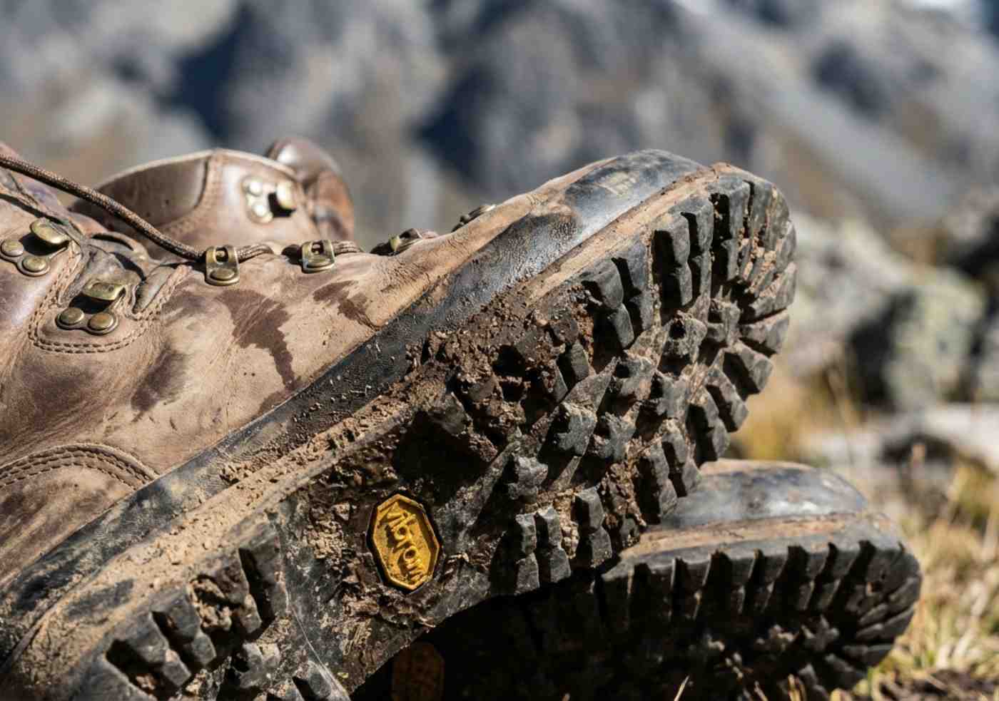 Primer plano de botas de trekking de caña media con suela Vibram cubiertas de barro seco en un sendero andino.