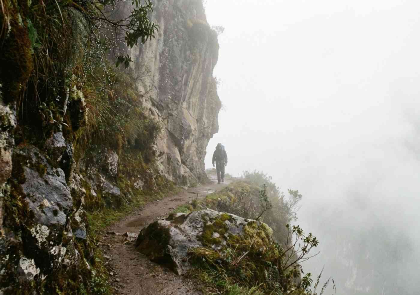 Sendero estrecho de montaña hacia Choquequirao envuelto en densa niebla blanca con vegetación andina lateral.