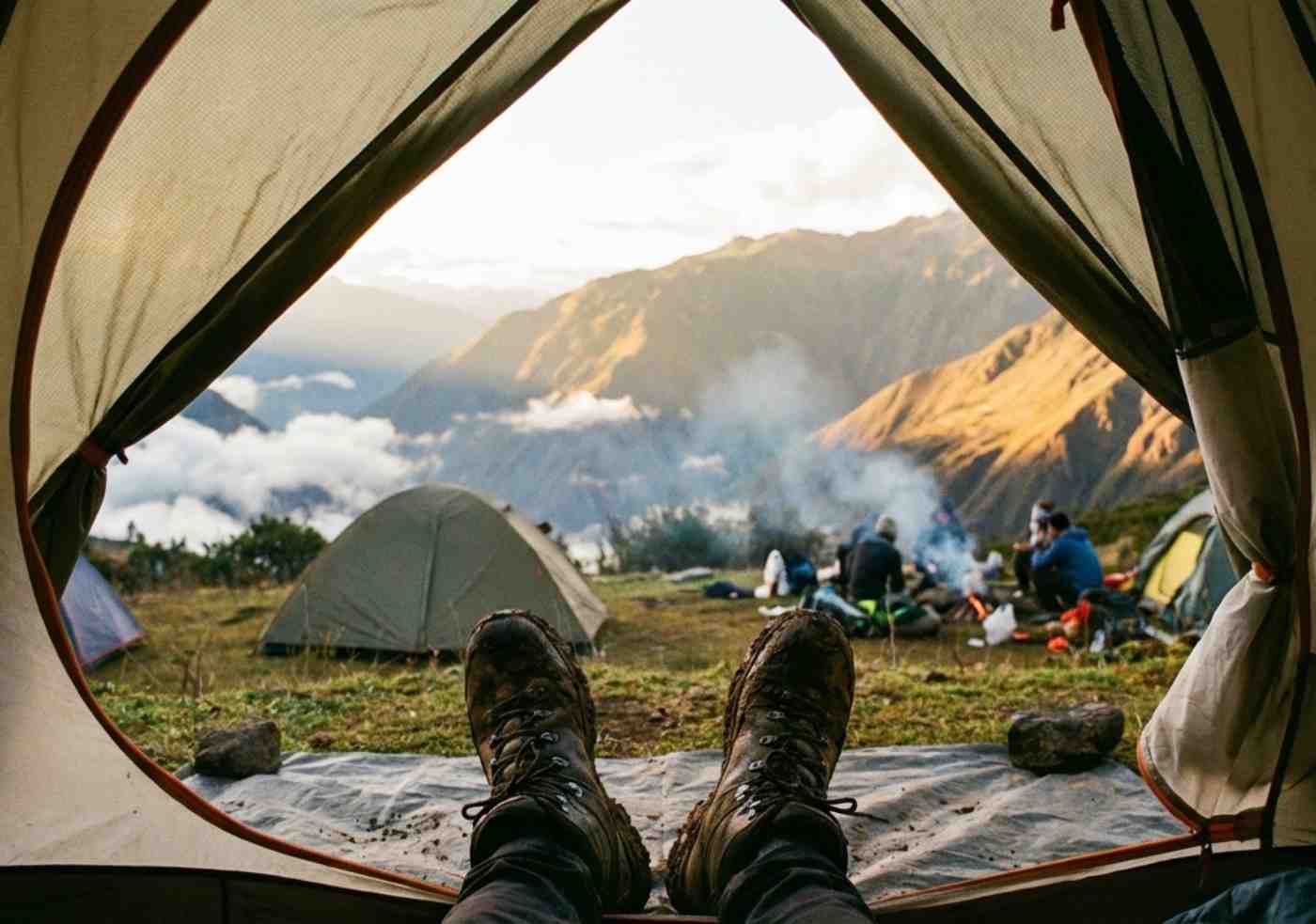 Perspectiva en primera persona (POV) desde el interior de una carpa abierta, mirando hacia un campamento organizado en Marampata con vistas al cañón al atardecer. Unas botas de trekking sucias están en primer plano.
