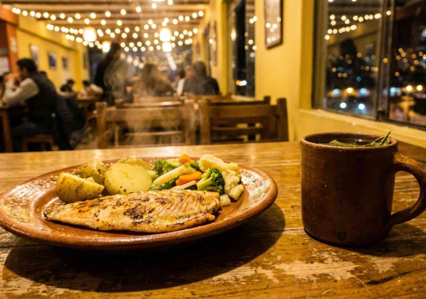 Vista desde la perspectiva de un comensal de un plato de trucha a la plancha humeante con vegetales en un restaurante acogedor de Cusco por la noche.