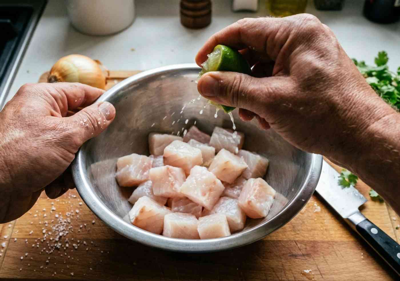 Perspectiva de primera persona de unas manos cortando pescado fresco sobre una tabla de madera.
