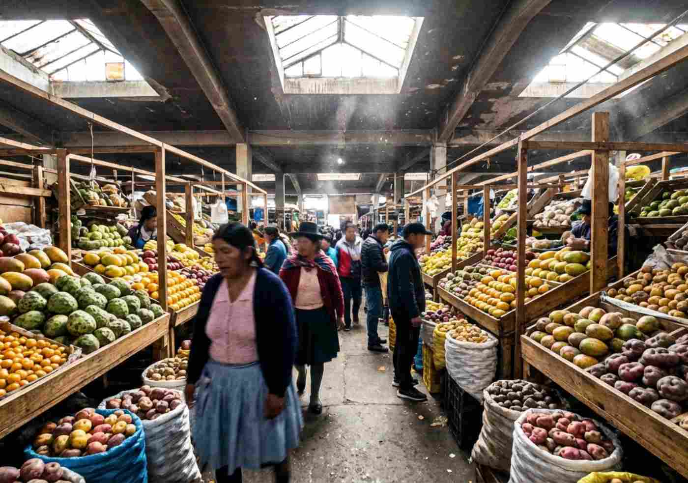 Vista de un puesto de frutas exóticas en un mercado peruano con gente moviéndose alrededor.