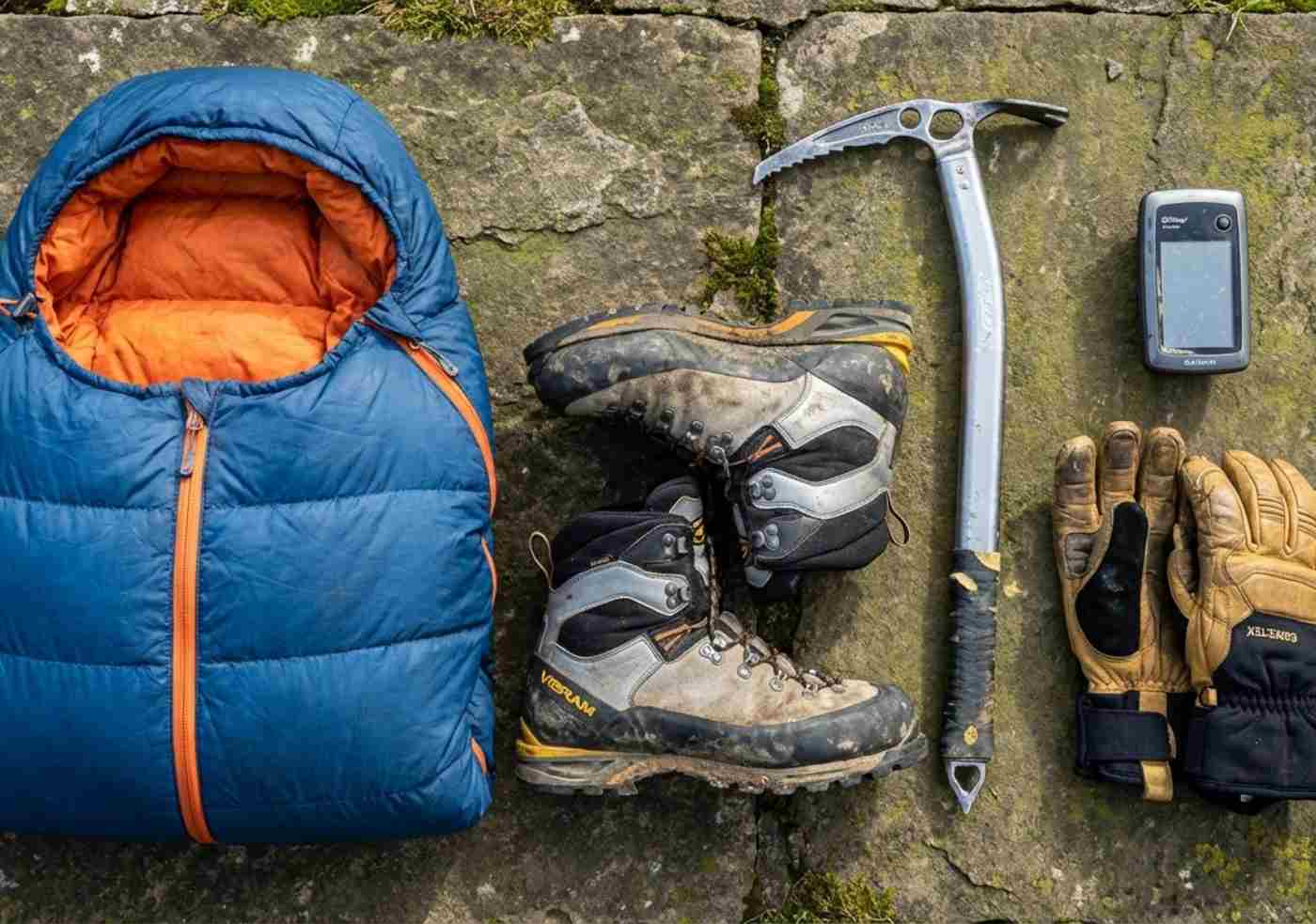Fotografía cenital estilo "knolling" mostrando equipo técnico organizado sobre una superficie de piedra: botas de alta montaña, saco de dormir de pluma grueso, piolet y un GPS.