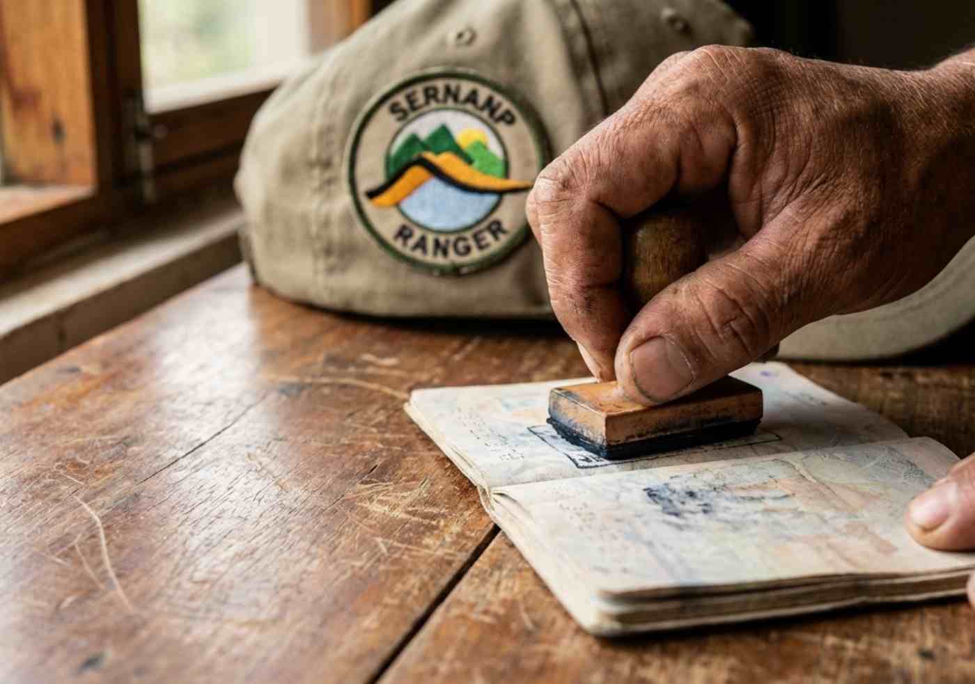 Primer plano de una mano con sellos revisando un pasaporte sobre un escritorio de madera rústica en un puesto de control del Parque Nacional Manu.