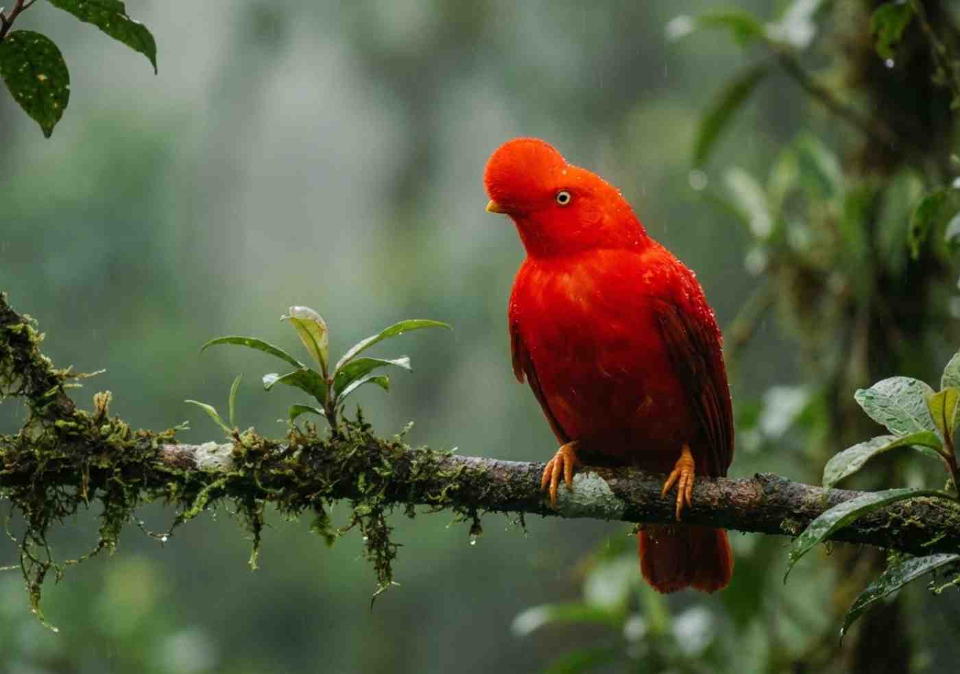 Un Gallito de las Rocas macho con plumaje rojo brillante posado en una rama húmeda en el bosque de nubes del Manu.