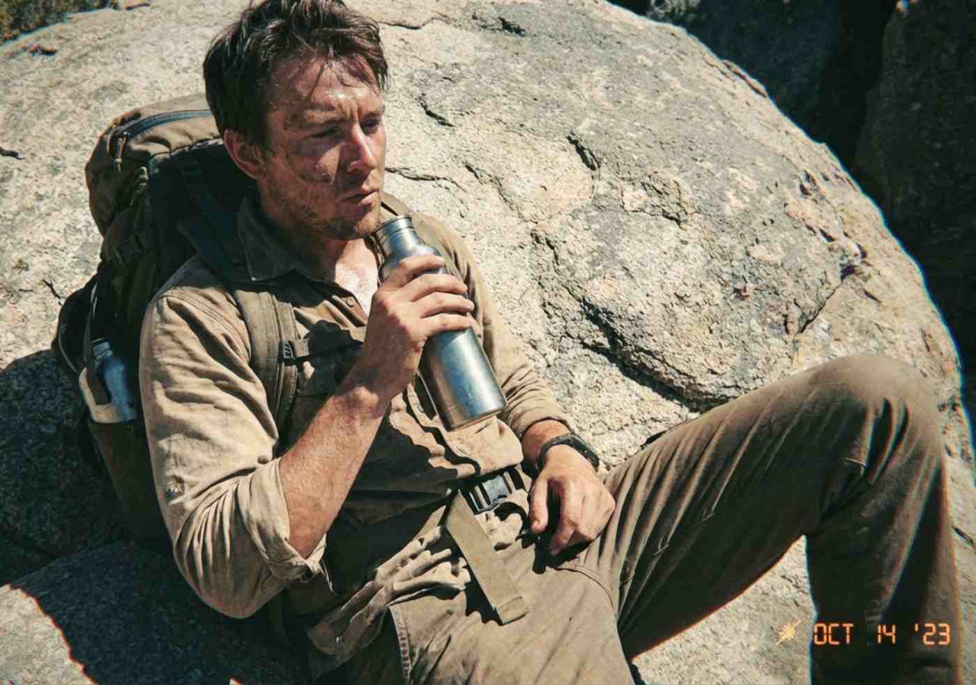 Senderista descansando en una roca con signos visibles de fatiga y sudor durante el ascenso del cañón