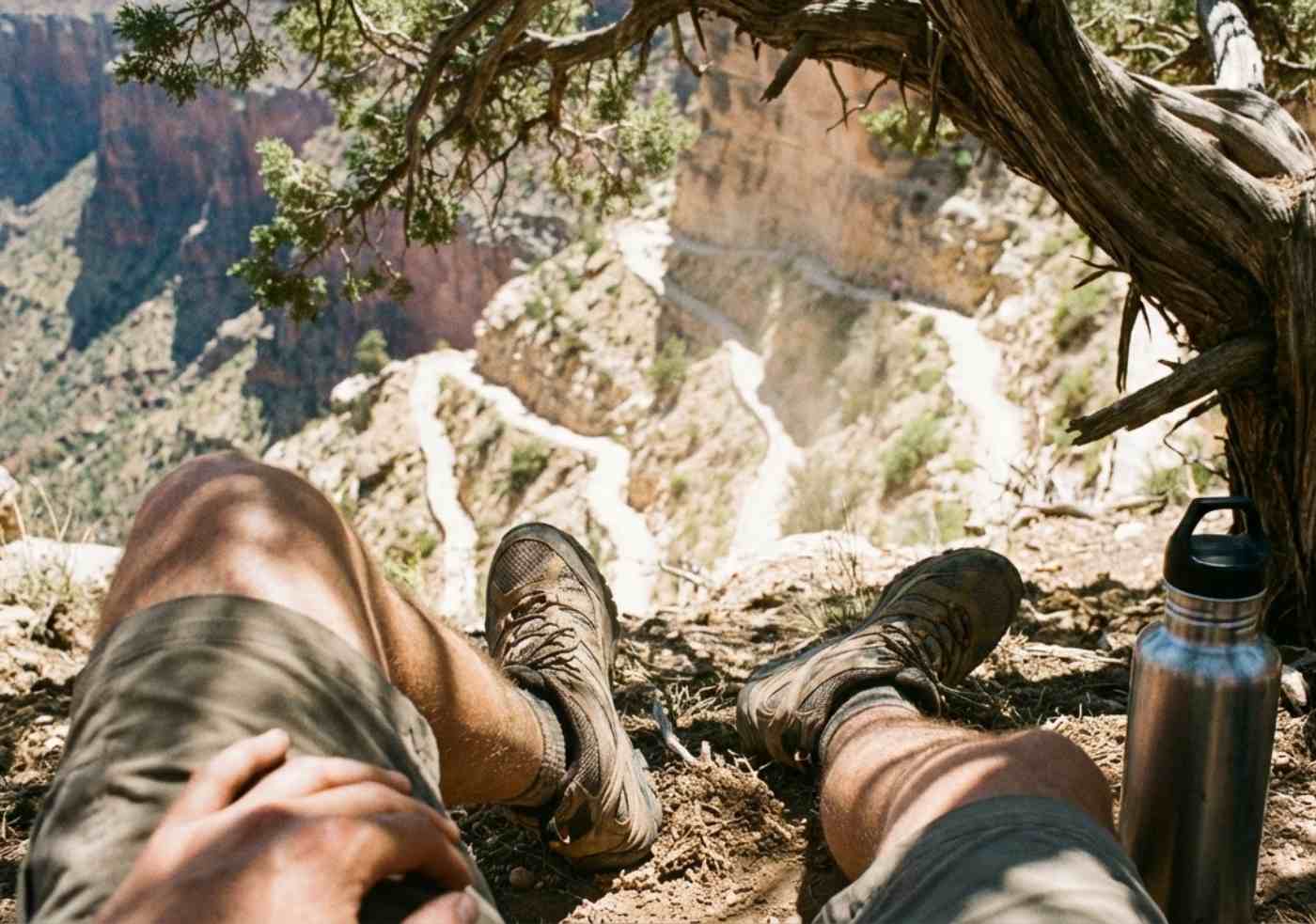 Vista en primera persona de un senderista descansando bajo un árbol pequeño, mirando el camino soleado y empinado por delante.