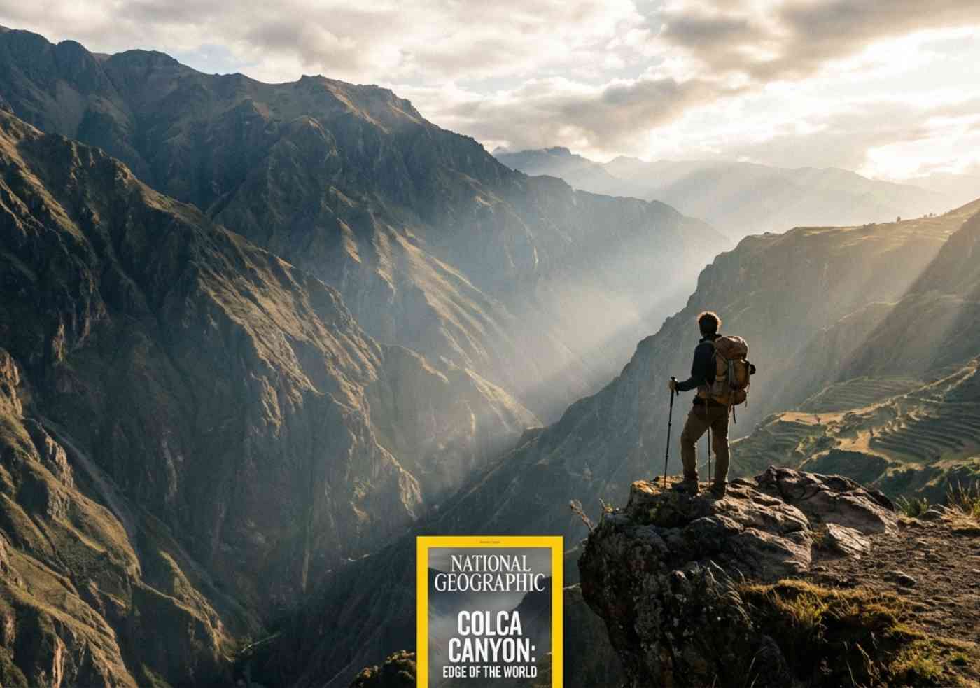Vista panorámica del Cañón del Colca con un senderista observando la profundidad del abismo bajo la luz del sol matutino en Arequipa.