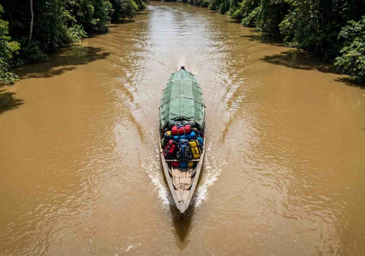 Vista cenital de un bote largo de madera navegando por un río marrón de la selva con mochilas protegidas por lonas.