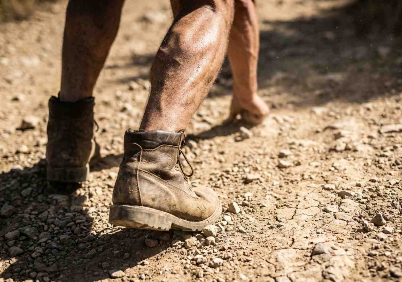 Primer plano detallado de las botas polvorientas de un senderista y sus piernas tensas subiendo una cuesta empinada de tierra seca, con gotas de sudor visibles en la piel.