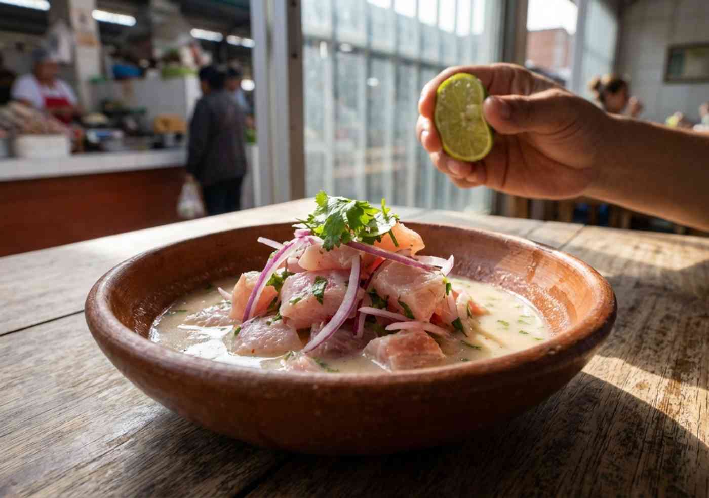 Primer plano macro de trozos de pescado blanco fresco marinándose en jugo de limón con ají limo.