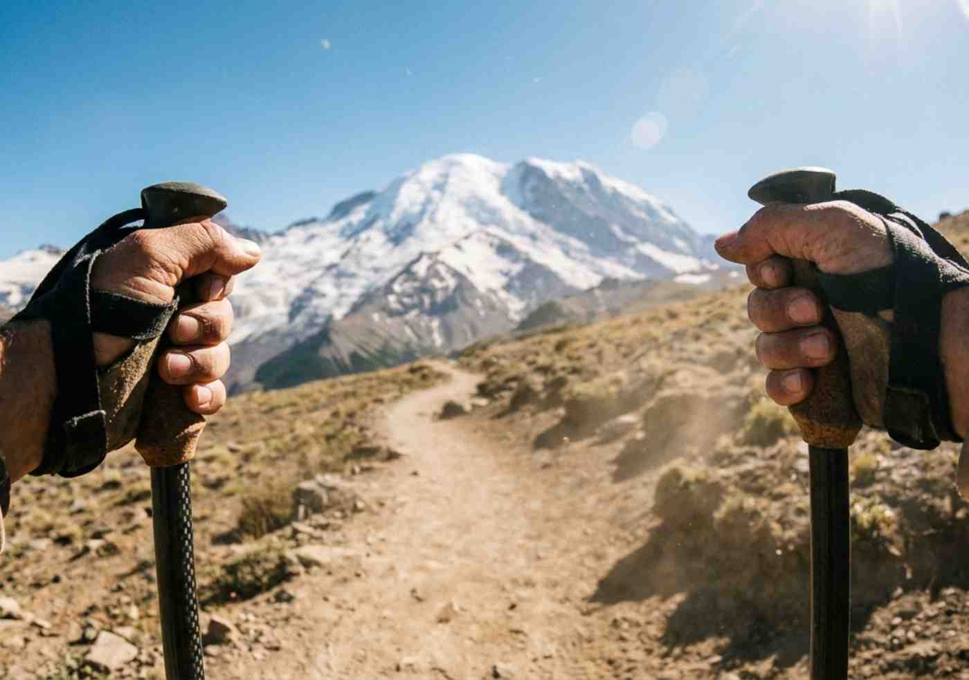 Perspectiva subjetiva (POV) de un caminante sosteniendo bastones de trekking apuntando hacia un valle nevado en Huaraz.