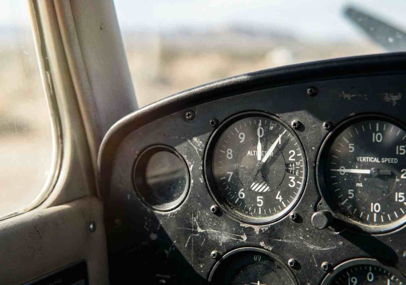 Primer plano de los instrumentos de navegación analógicos en la cabina de una avioneta Cessna para sobrevuelo en Nazca