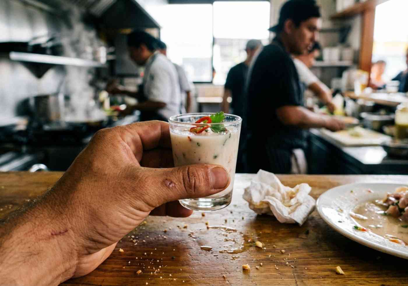 Vista desde la perspectiva del viajero sosteniendo un vaso pequeño de Leche de Tigre en una barra de comida.