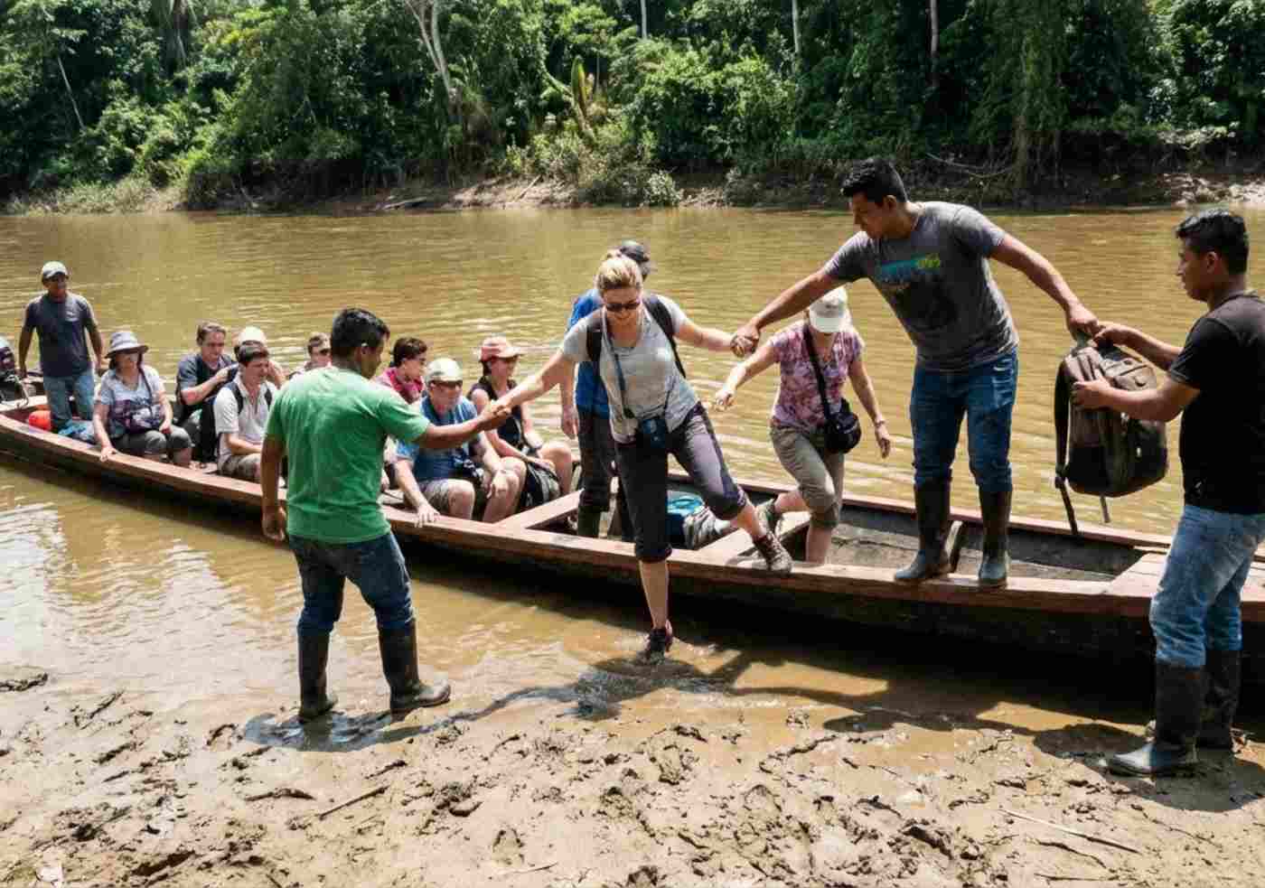 Foto de acción de un grupo de turistas bajando de un bote a motor de madera hacia una orilla fangosa del río, con ayuda de guías.