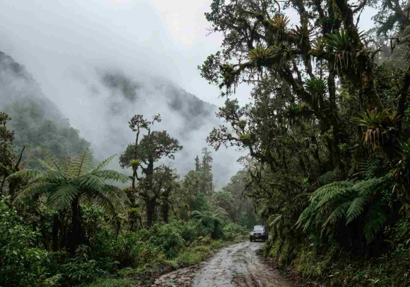 Camino sinuoso a través del bosque de neblina en los Andes orientales hacia la selva del Manu