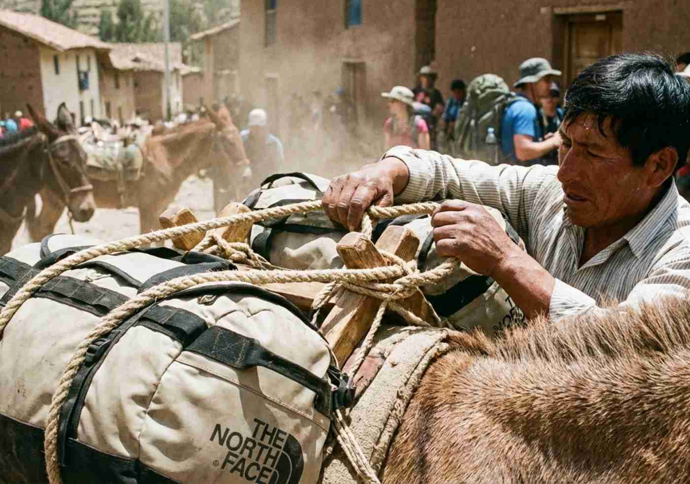 Primer plano de un arriero local asegurando petates de expedición con cuerdas sobre una mula en el pueblo de Cachora, antes de iniciar la caminata a Choquequirao.