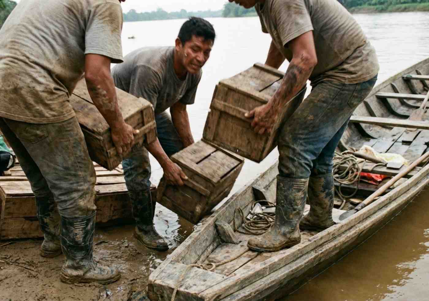 Personal de apoyo cargando suministros y cajas de comida en un bote de madera en un puerto fluvial con barro.