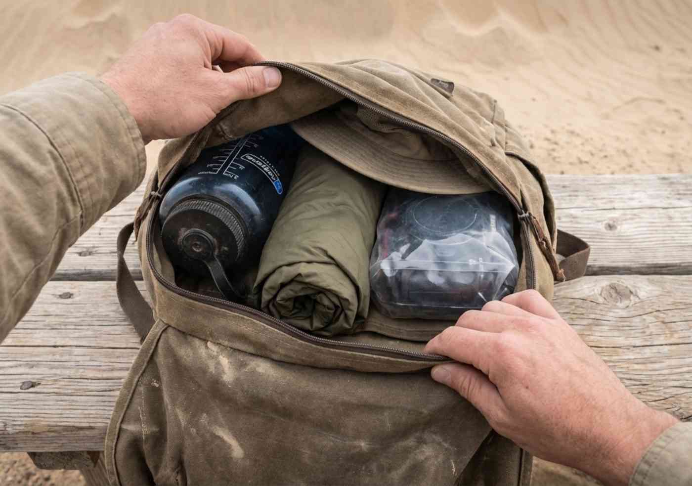 Perspectiva en primera persona revisando una mochila con agua, gorra y cámara