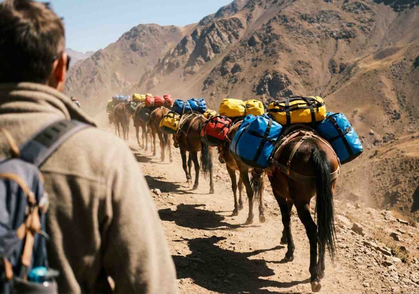 Mulas de carga transportando petates de equipo logístico en el campamento base de Soraypampa.