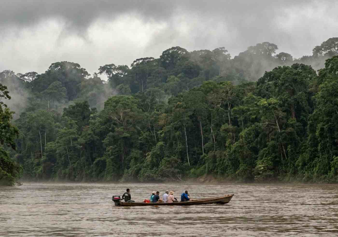 Un bote pequeño con un grupo reducido de personas navegando por un río ancho rodeado de selva alta y densa bajo un cielo nublado en el Manu.