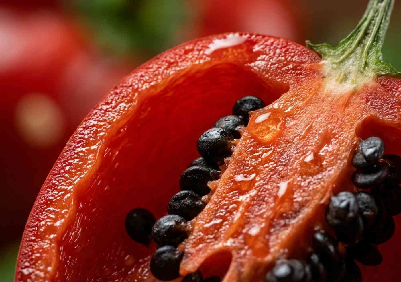 Macro extremo de un rocoto cortado por la mitad, mostrando sus icónicas semillas negras y la pulpa jugosa.