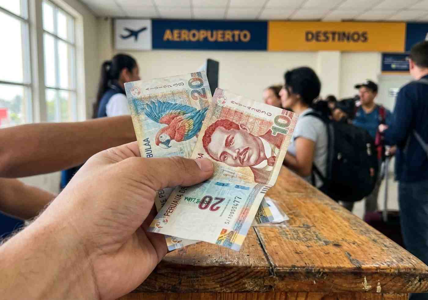 Mano de un viajero entregando billetes de Soles peruanos en el mostrador del aeródromo María Reiche para pagar el TUUA