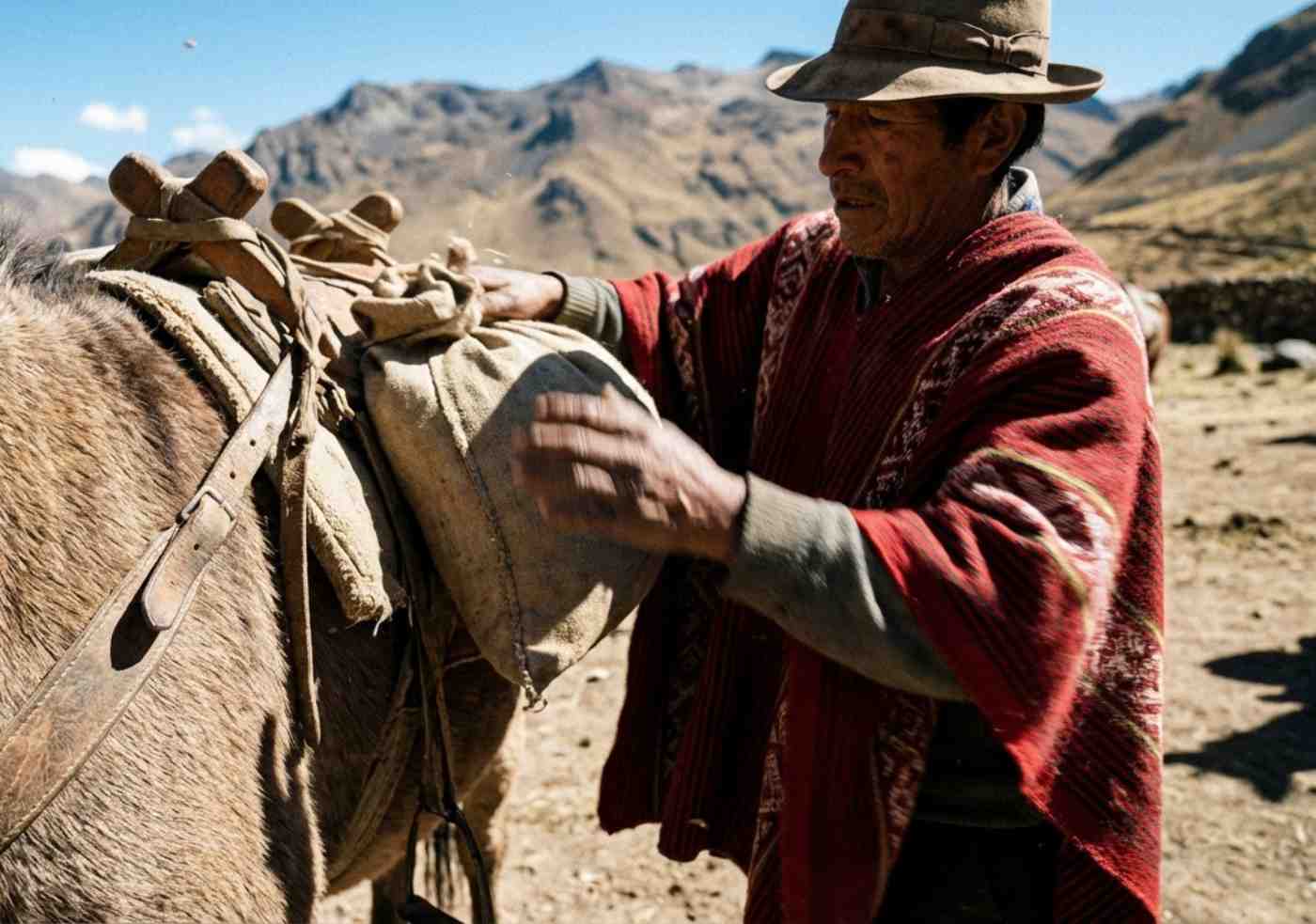 Arriero local con vestimenta tradicional preparando las mulas de carga para iniciar el trekking al Ausangate.