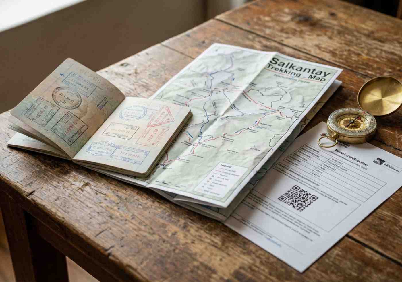 Primer plano detallado sobre una mesa de madera rústica con un pasaporte abierto, un mapa de trekking del Salkantay, una brújula y un documento impreso de reserva. La luz es natural y hay textura en los objetos.