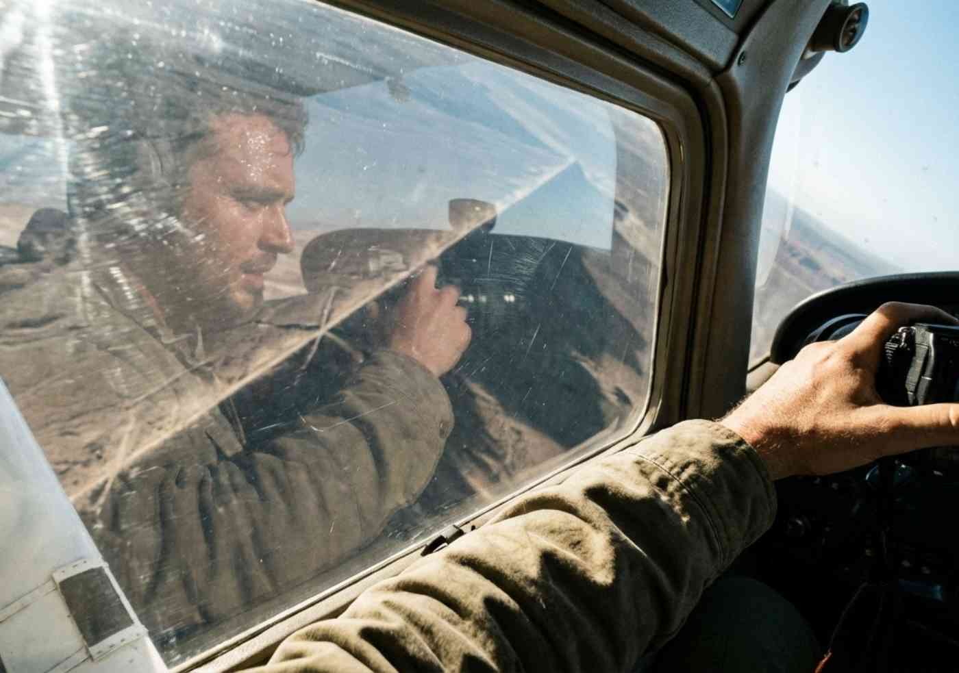 Punto de vista desde la ventana de una avioneta Cessna mostrando parte del ala y una línea geométrica de Nazca abajo