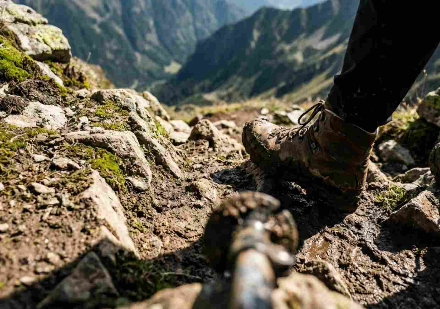 Perspectiva en primera persona de botas de trekking sucias sobre un sendero de piedras sueltas y musgo.