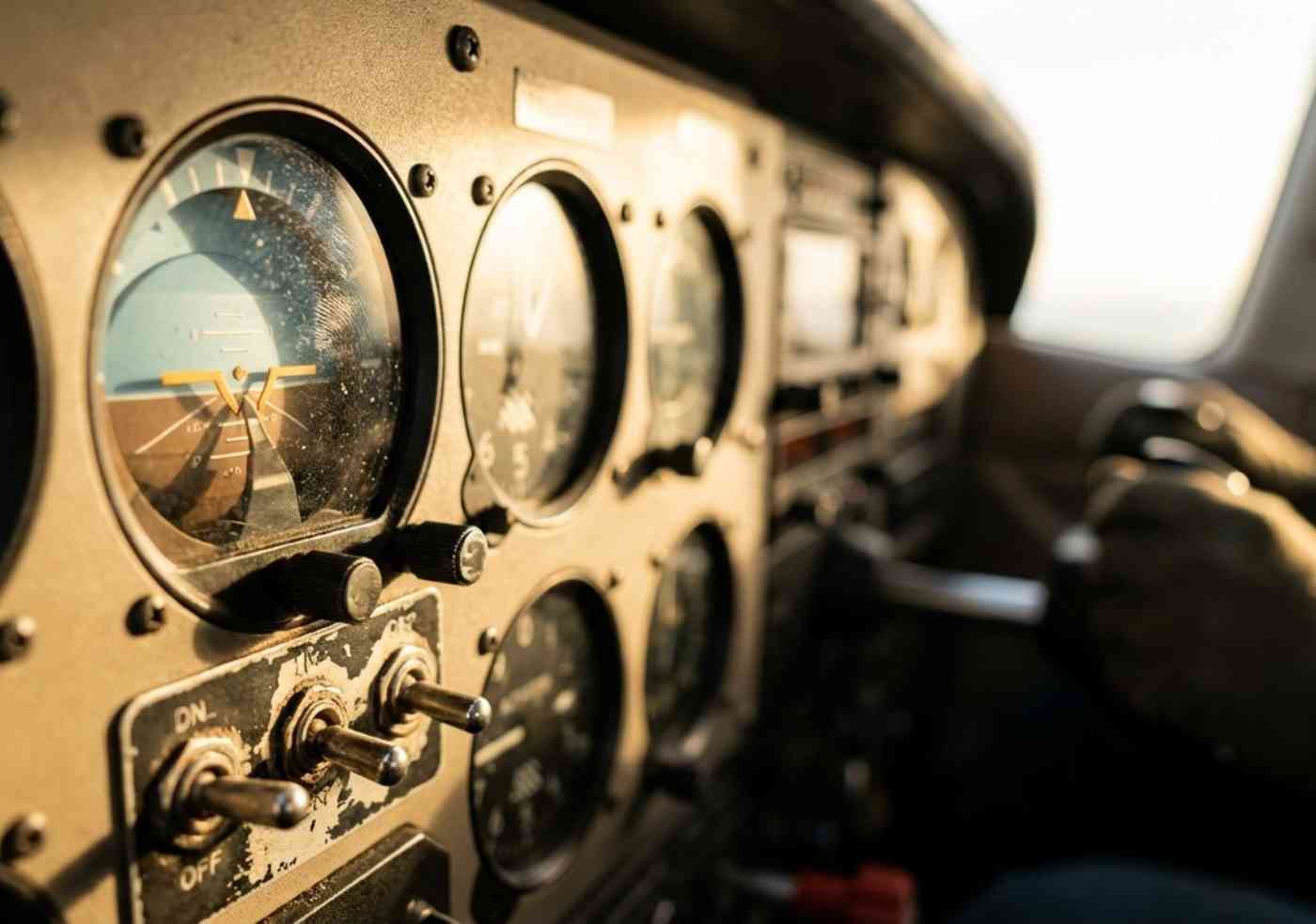Primer plano detallado del panel de instrumentos de una avioneta en Nazca mostrando el horizonte artificial y altímetros.