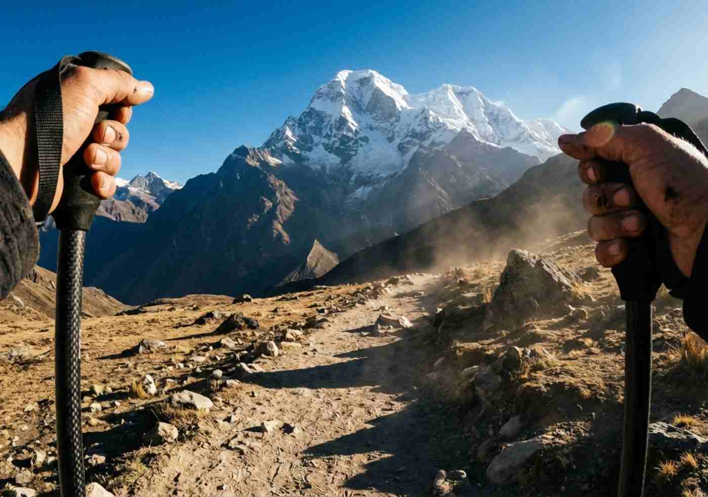 Punto de vista de un senderista sosteniendo bastones de trekking frente a un pico nevado en Huaraz.