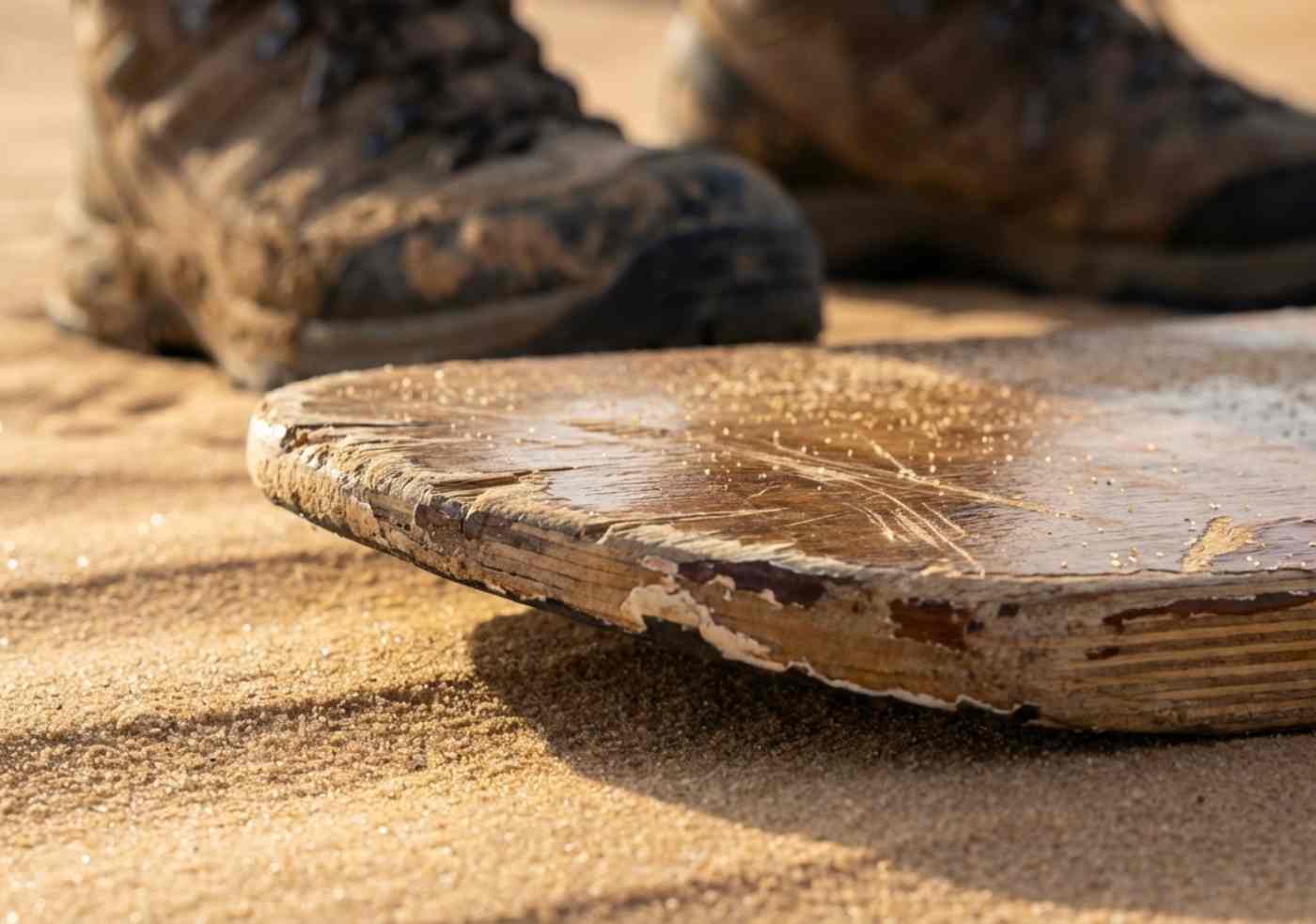 Primer plano de una tabla de sandboarding profesional sobre la arena fina y ondulada de las dunas de Huacachina.