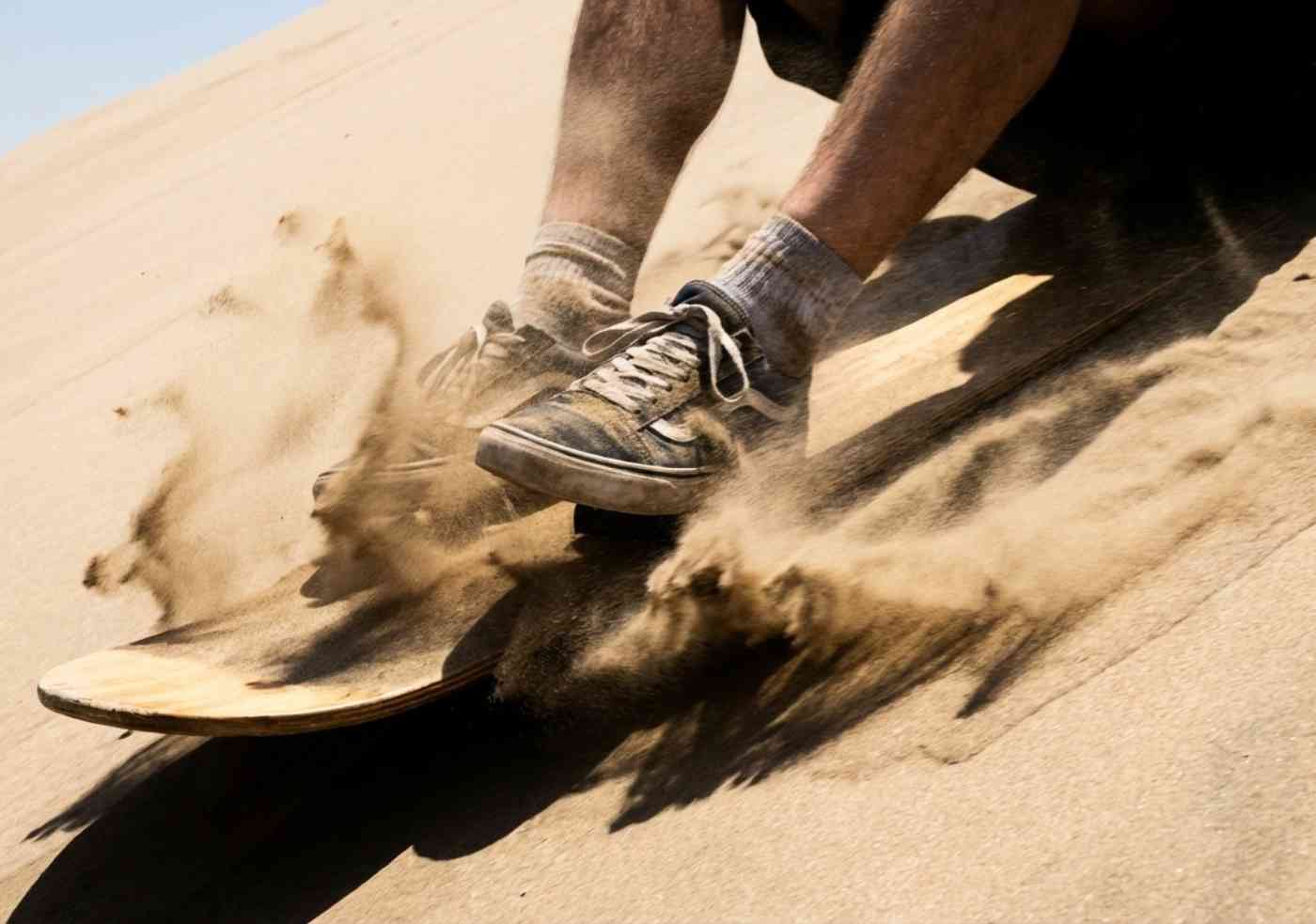 Persona haciendo sandboarding en Huacachina usando zapatillas cerradas y medias