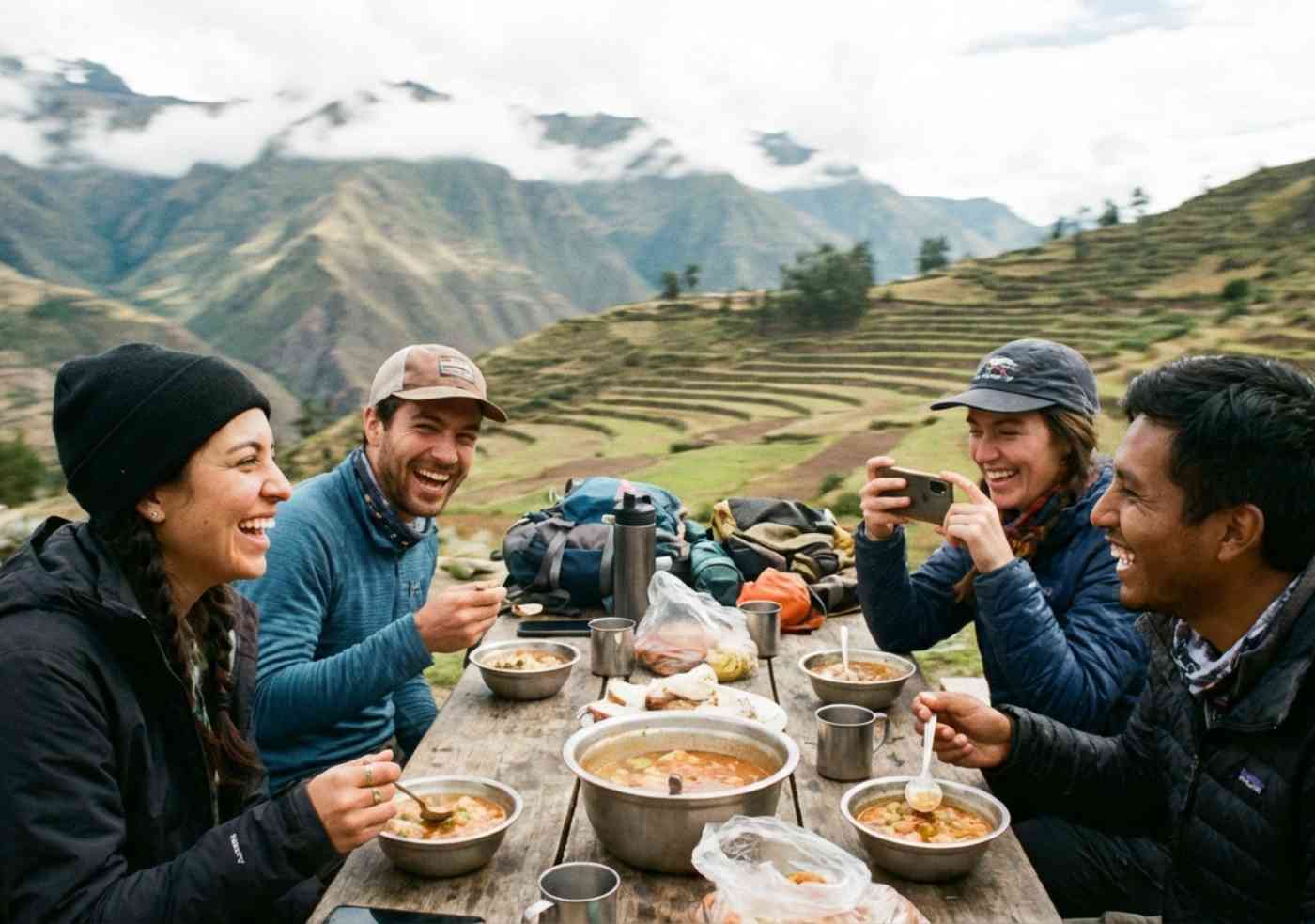 Fotografía de estilo snapshot de un grupo de viajeros disfrutando de un almuerzo caliente y bien servido en una mesa de campamento durante el Inka Jungle.