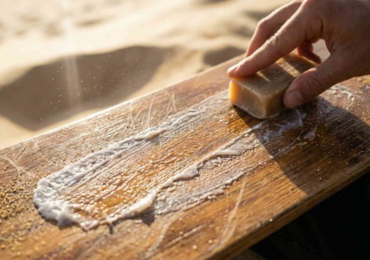 Primer plano de una tabla de sandboarding siendo encerada sobre la arena