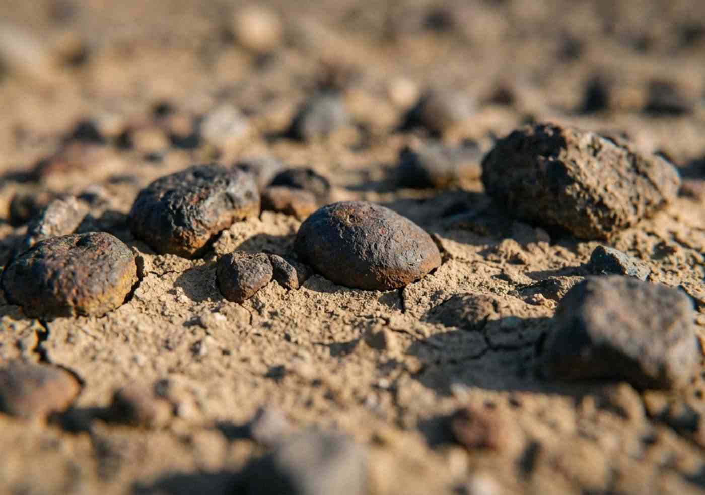 Primer plano extremo de piedras cubiertas de óxido de hierro y arena fina en el desierto de Nazca