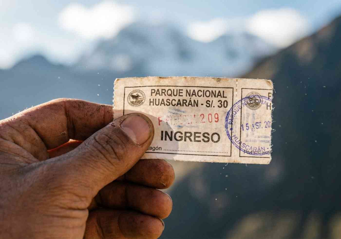 Primer plano de una mano sosteniendo el ticket oficial de 30 soles del Parque Nacional Huascarán