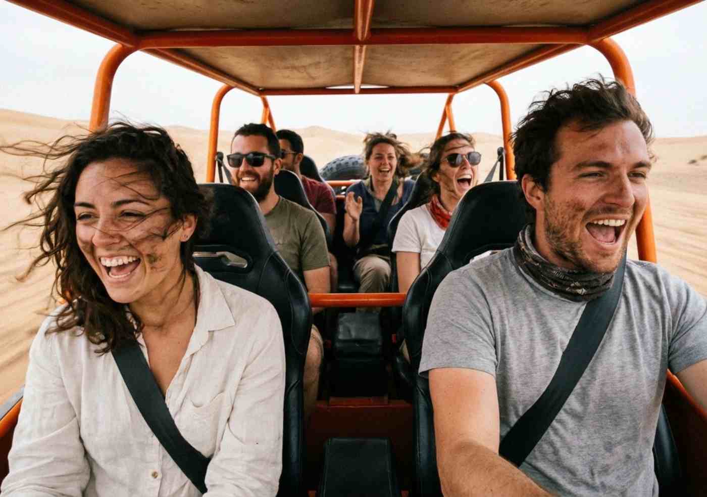 Grupo de viajeros con el cabello alborotado y ropa con arena saludando desde un buggy arenero en movimiento.