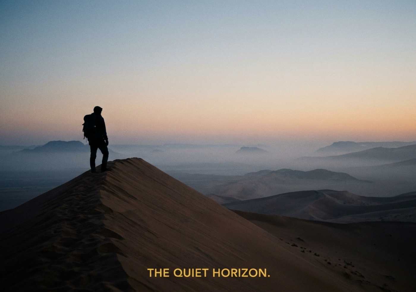 Silueta de un viajero de espaldas contemplando el horizonte infinito del desierto desde una cresta de arena.